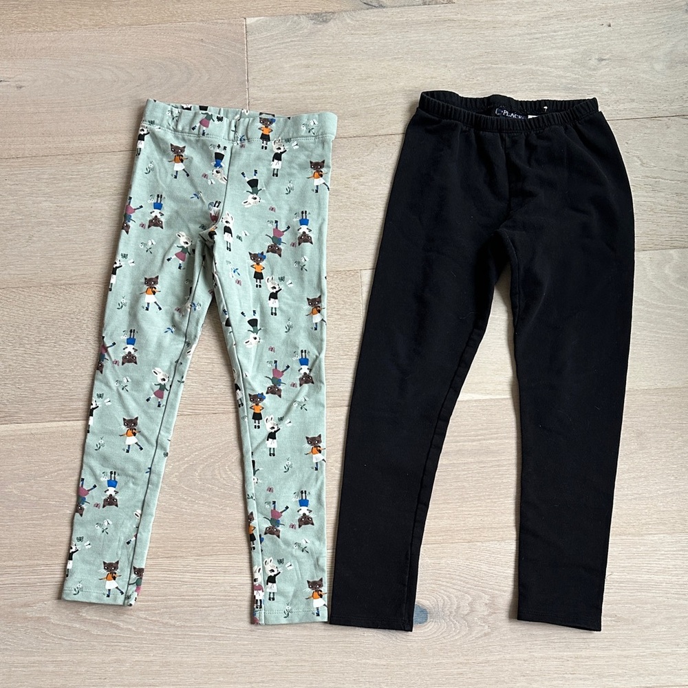 Bundle H&M children place fleece lined girls Printed Black Leggings Set sz 7-8